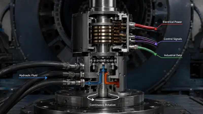 Hydraulic swivel slip ring combination transferring fluid, electrical power, control signals, and industrial data through a rotating interface. Hydraulic swivel slip ring combination transferring fluid, electrical power, control signals, and industrial data through a rotating interface.