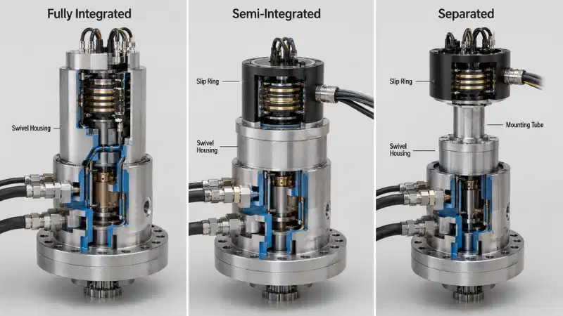 Comparison of fully integrated, semi-integrated, and separated hydraulic swivel slip ring combination designs. Comparison of fully integrated, semi-integrated, and separated hydraulic swivel slip ring combination designs.