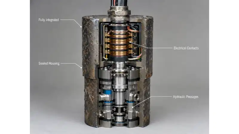 Cutaway view of a fully integrated hydraulic swivel slip ring with electrical contacts enclosed inside a sealed metal housing. Cutaway view of a fully integrated hydraulic swivel slip ring with electrical contacts enclosed inside a sealed metal housing.