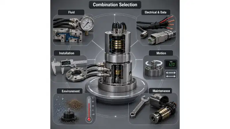 Six-factor hydraulic swivel slip ring selection framework covering fluid, electrical, installation, motion, environment, and maintenance. Six-factor hydraulic swivel slip ring selection framework covering fluid, electrical, installation, motion, environment, and maintenance.