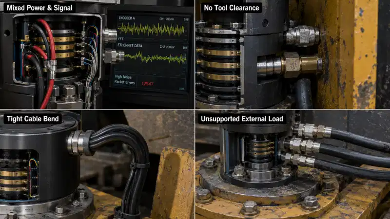 Common slip ring selection mistakes including signal interference, poor tool access, tight cable bends, and unsupported external loads. Common slip ring selection mistakes including signal interference, poor tool access, tight cable bends, and unsupported external loads.